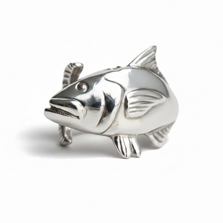 Cobia fish-shaped silver ring on a white background