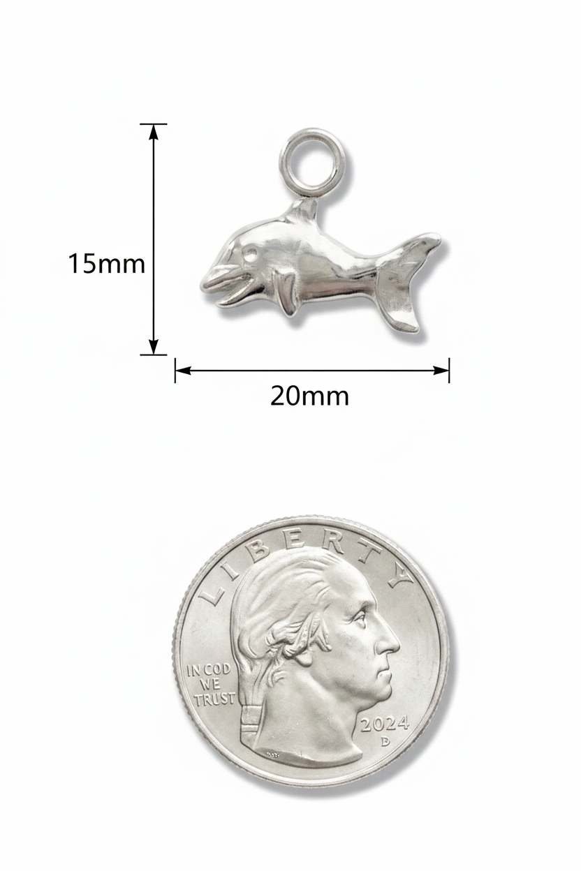 A small silver dolphin charm with a top loop, shown above a U.S. quarter coin for scale on a plain white background.