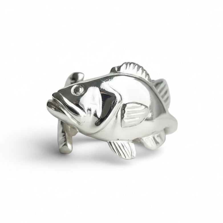 Silver Large Mouth Bass fish-shaped ring on a gray background