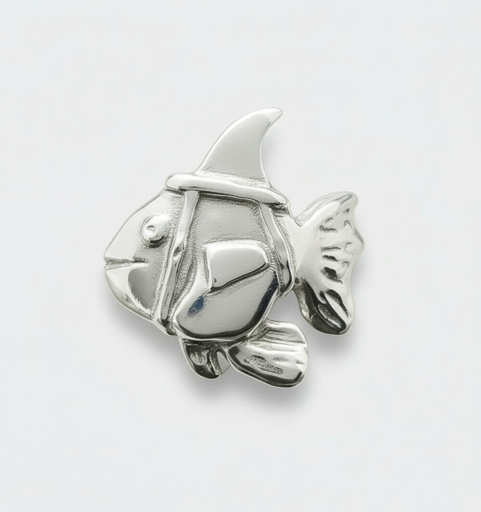 A polished silver ring featuring a stylized fish with a shark fin design.