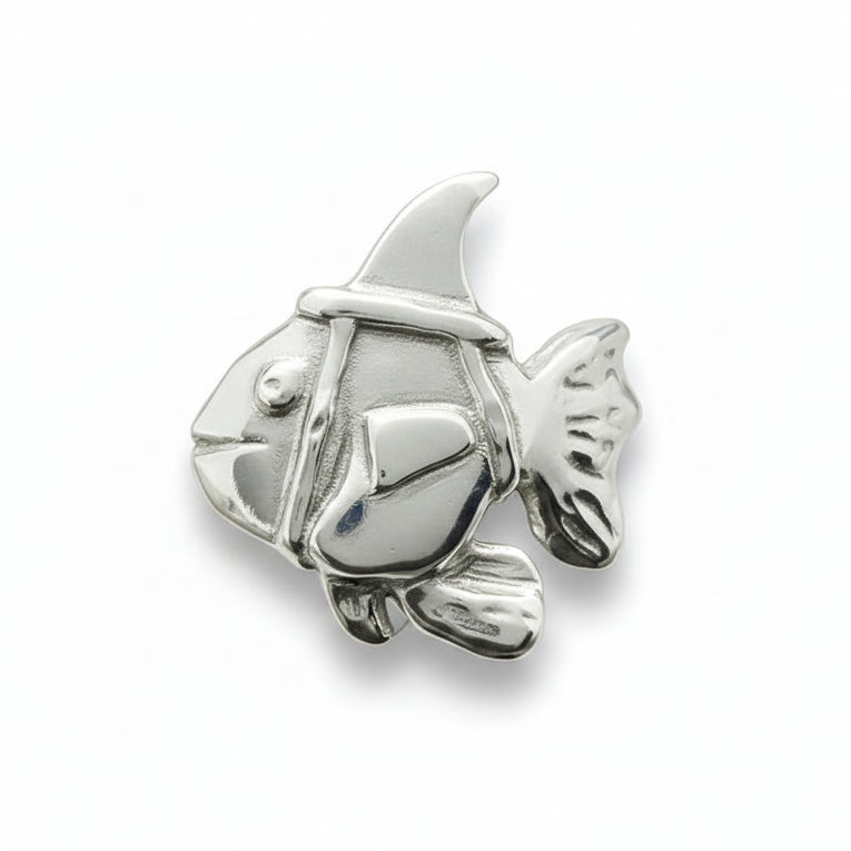 A polished silver ring featuring a stylized fish with a shark fin design.