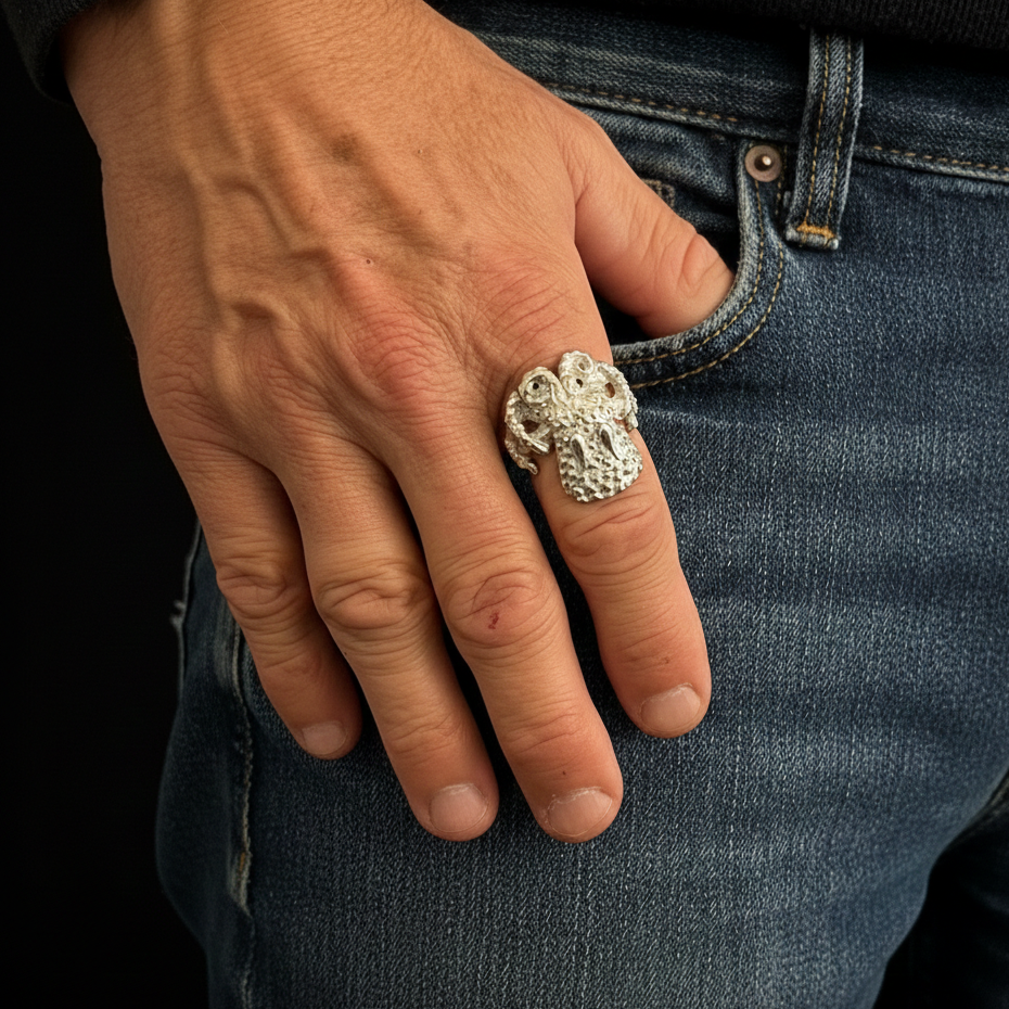Men's hand wearing octopus ring on jeans