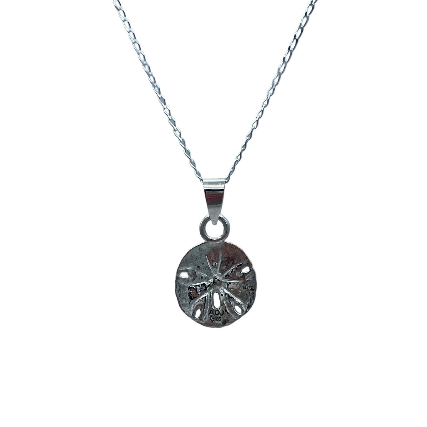 Sand Dollar Necklace shoeing backside in white backgroud