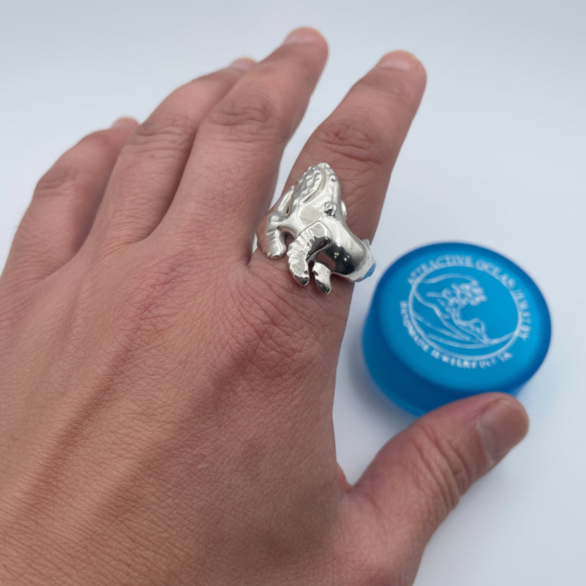 Hand wearing a silver ring with a blue container in the background