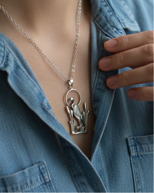 Blue Heron w/ Leg up Necklace (Large) - Sterling Silver