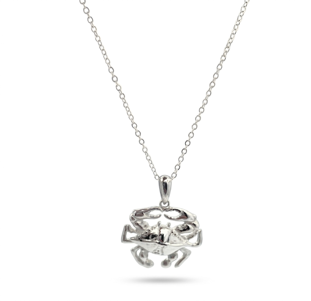 Silver crab pendant necklace on a white background