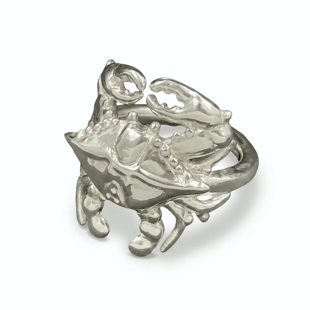 Silver crab-shaped ring on a white background