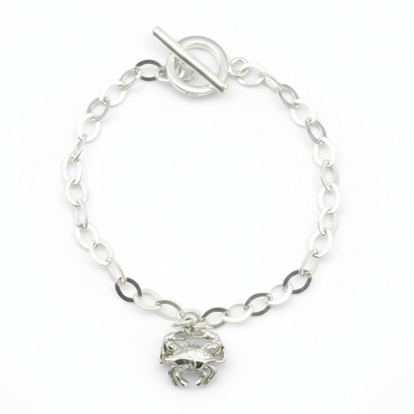 Silver bracelet with a toggle clasp on a light gray background