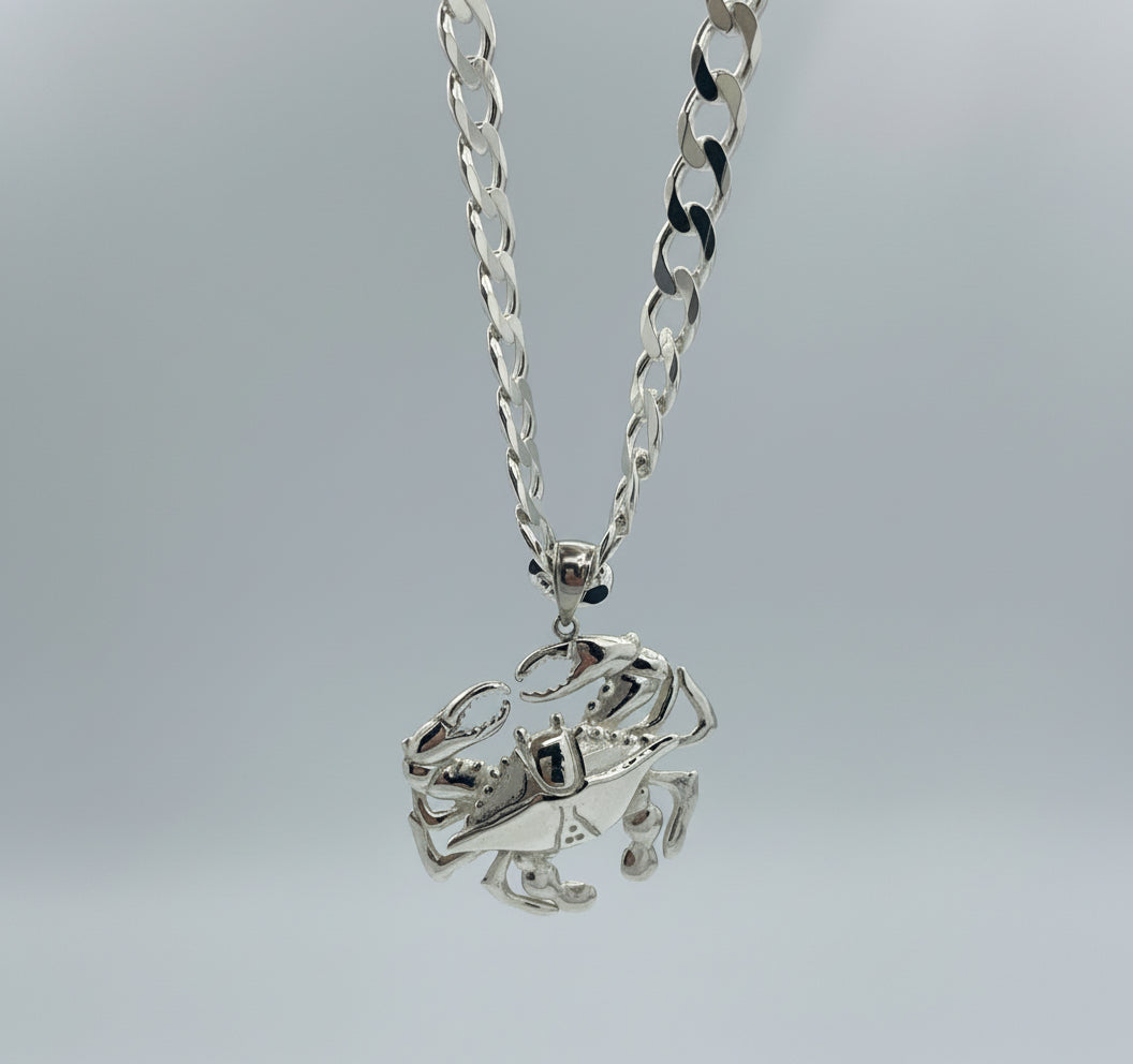 Silver crab pendant on a chain against a light gray background
