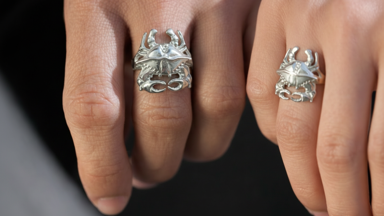 Two hands wearing silver crab-themed rings against a dark background