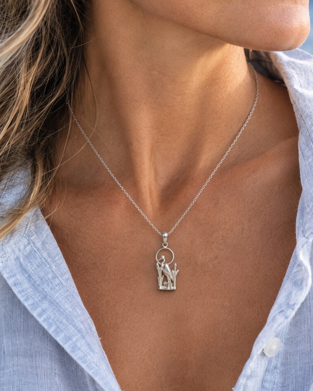 Blue Heron w/ Leg up Necklace (X Small) - Sterling Silver