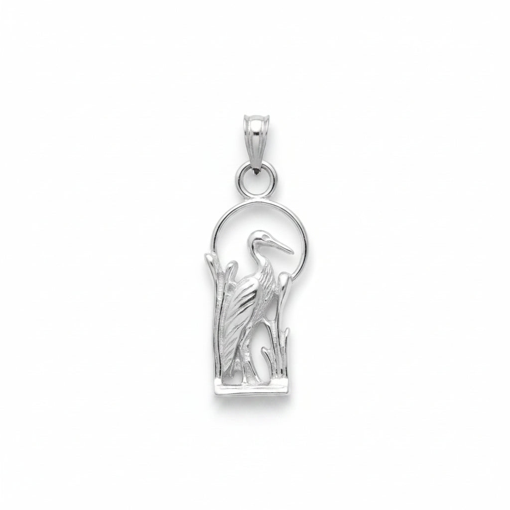A sterling silver pendant featuring a detailed heron or crane figure inside a basket-like oval frame, shown against a neutral light gray textured background.