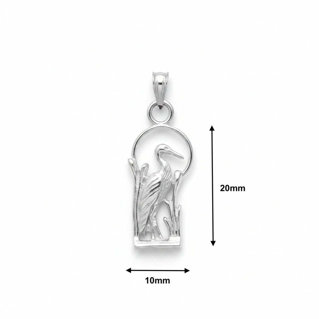 Silver pendant featuring a heron standing inside a circular frame, shown on a white background with dimension markers indicating 20mm height and 10mm width.