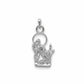 A silver necklace featuring a delicate chain and a pendant depicting a kneeling figure in front of a circular halo, shown against a plain white background.