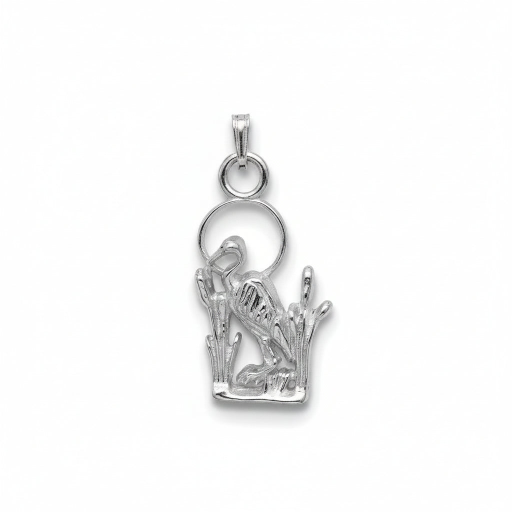 A silver necklace featuring a delicate chain and a pendant depicting a kneeling figure in front of a circular halo, shown against a plain white background.