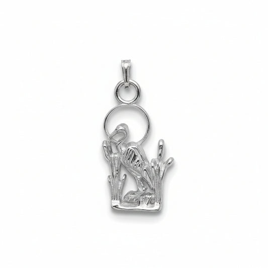A silver necklace featuring a delicate chain and a pendant depicting a kneeling figure in front of a circular halo, shown against a plain white background.