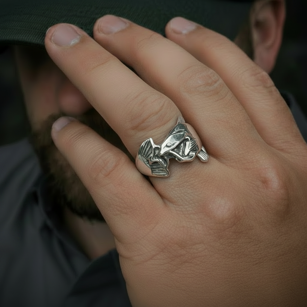 Close-up of a hand wearing a silver ring with a detailed design.