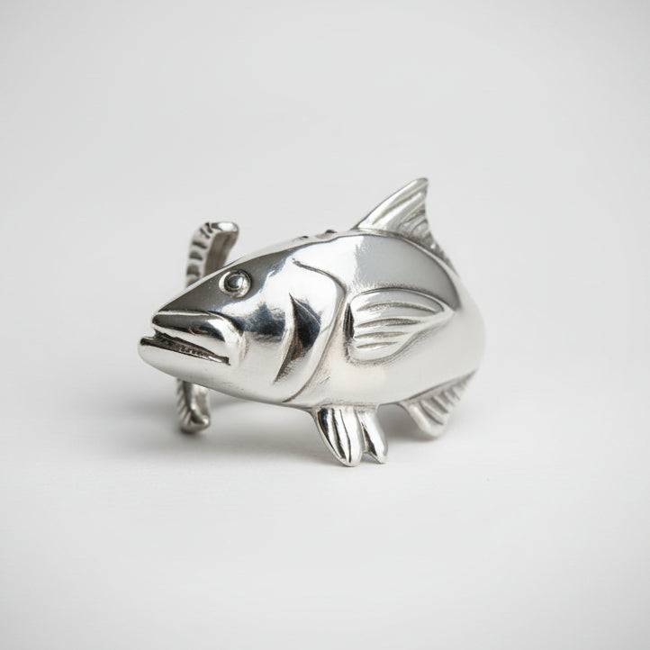 Cobia fish-shaped silver ring on a white background