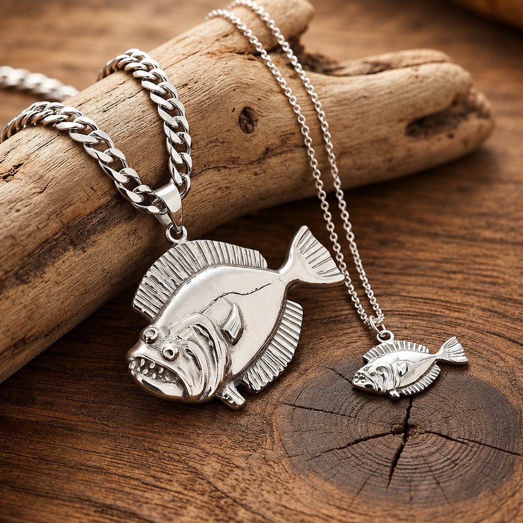 Two silver fish necklaces displayed on a rustic wooden surface with driftwood. One necklace features a large, detailed gurgling fish pendant on a curb chain, and the other features a smaller fish pendant on a delicate chain.