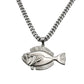 A silver-toned metal necklace featuring a detailed fish-shaped pendant, displayed on a clean white background.