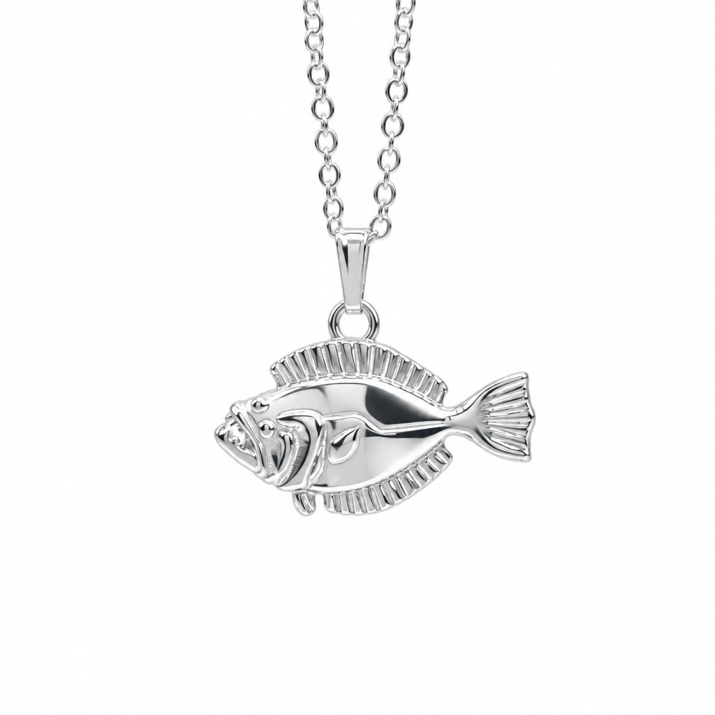 A silver fish pendant necklace on a matching silver chain, shown against a plain white background.