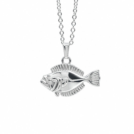 A silver fish pendant necklace on a matching silver chain, shown against a plain white background.