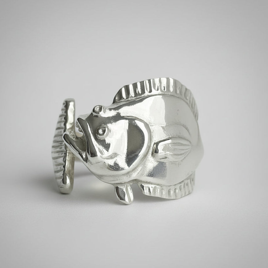 Silver Flounder ring on a white background