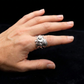 Silver Flounder Ring on lady model on black background 