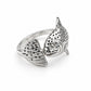 A sterling silver ring shaped like a jumping fish, featuring textured scales and small black oxidized dots, set against a white background.