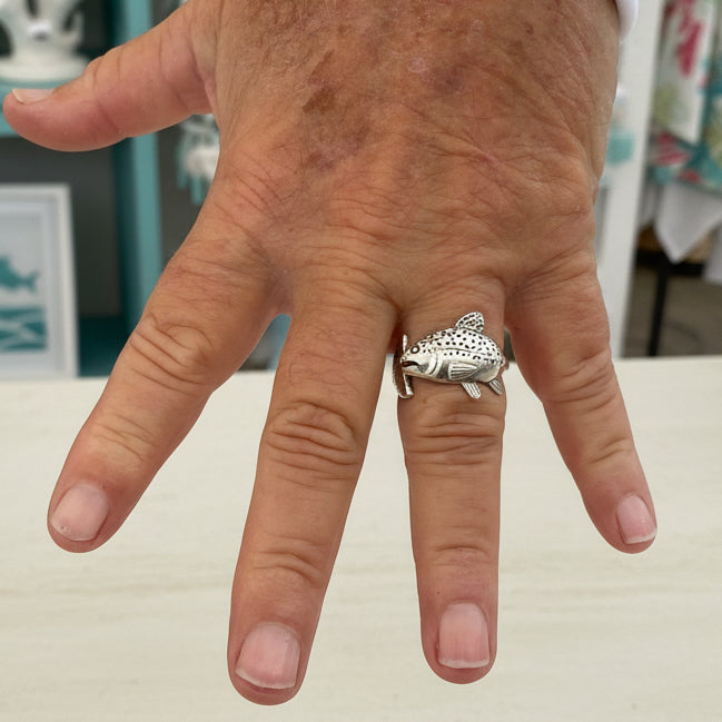 Hand wearing a silver ring with a fish design, with more rings displayed below.