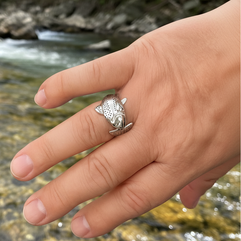 Hand wearing a silver ring with a detailed design, set against a natural background.