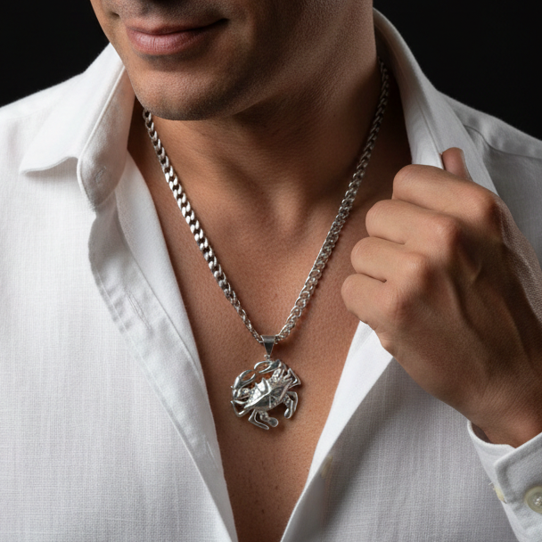 Man wearing a silver necklace with a crab pendant against a black background