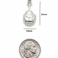 Silver pendant with measurements and a quarter for scale on a white background