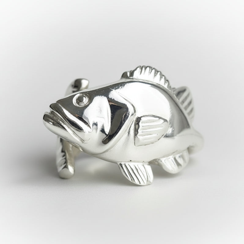 Silver Large Mouth Bass fish-shaped ring on a gray background
