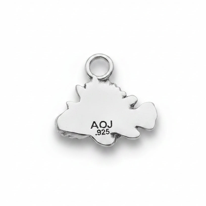 Silver charm with 'AOJ' and '.925' marking on a gray background
