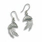 Pair of silver man o war earrings on a white background