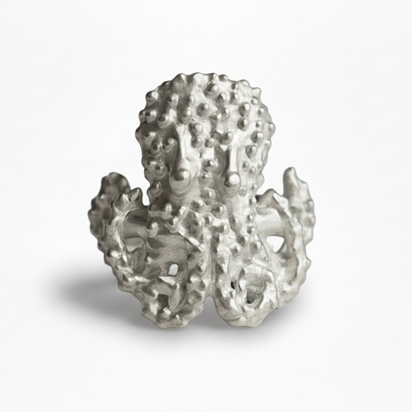 Silver octopus sculpture on a white background