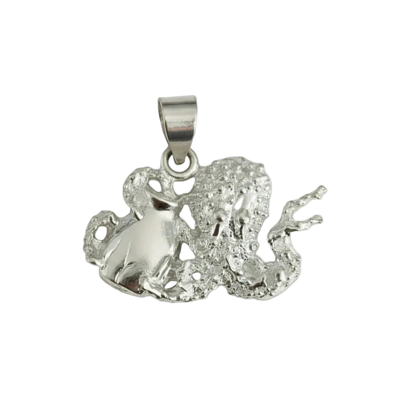 Silver octopus pendant coming our of jar on a gray background