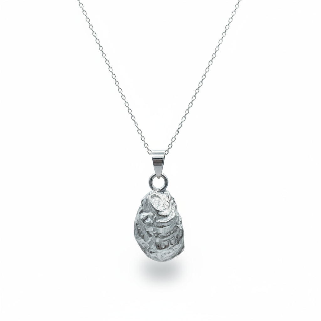 Silver oyster necklace on a gray background