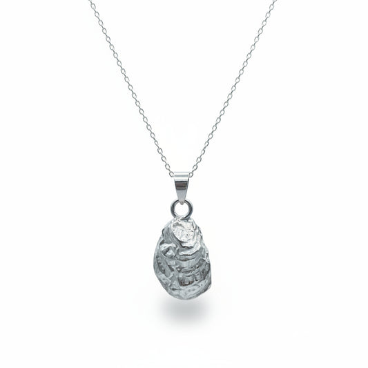 Silver oyster necklace on a gray background