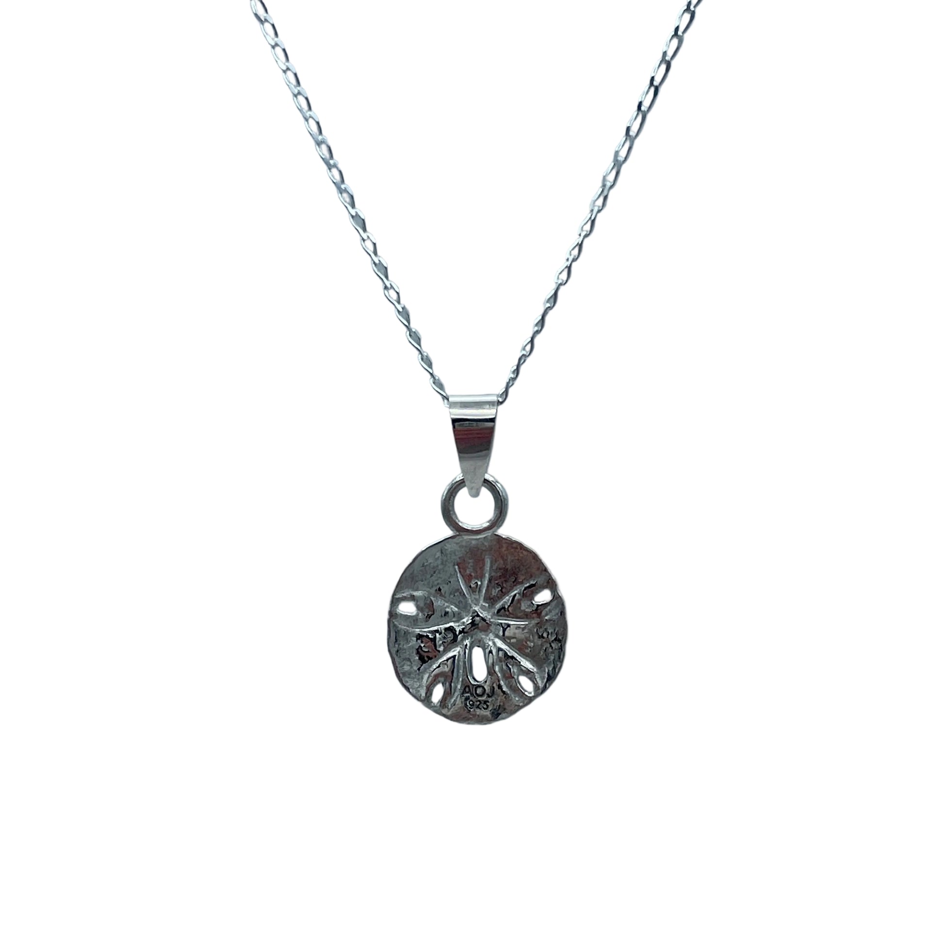 Sand Dollar Necklace shoeing backside in white backgroud