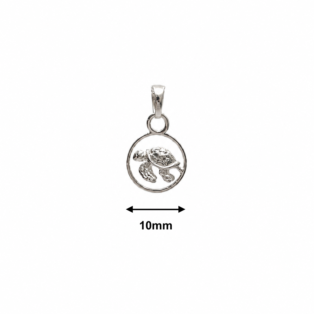 A silver sea turtle pendant inside a circular frame, shown on a white background with a 10mm width measurement arrow and text below.