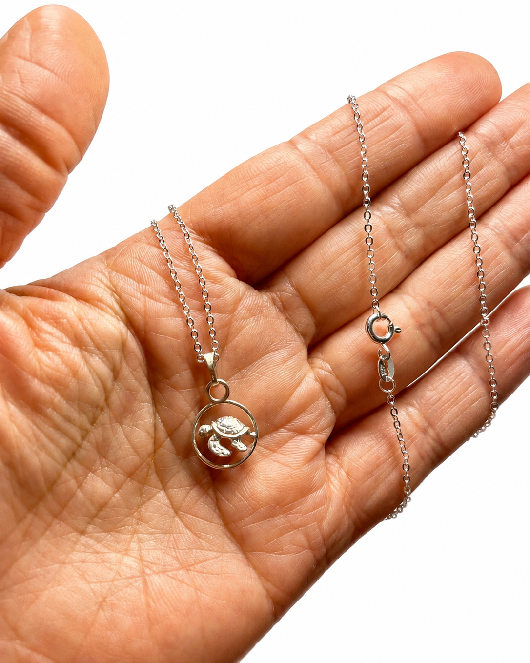 A silver necklace with a circular pendant featuring a stylized bird design, held in a person's hand against a white background.