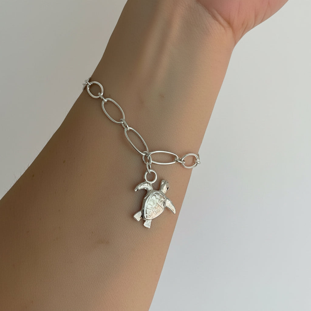 Sea Turtle Sterling Silver Bracelet w/ Oval Chain