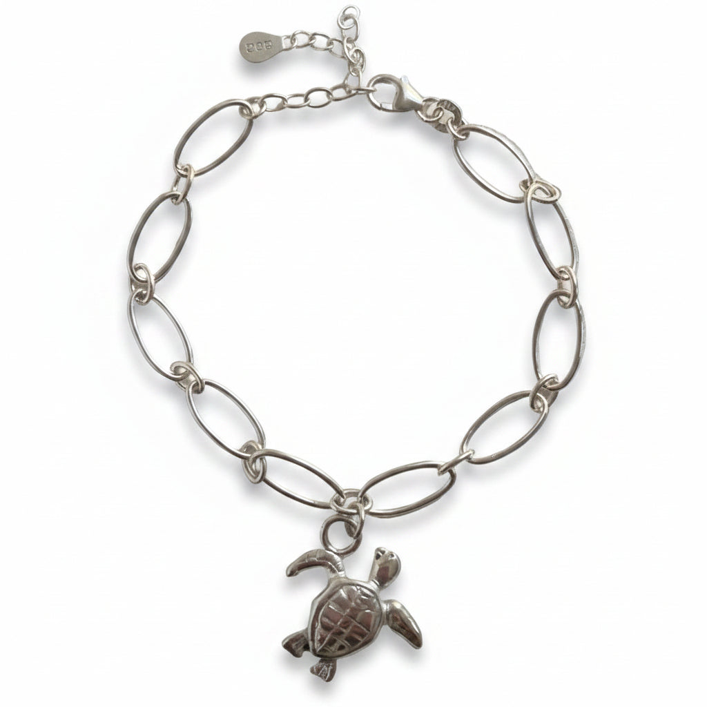 Sea Turtle Bracelet with oval chain on white background