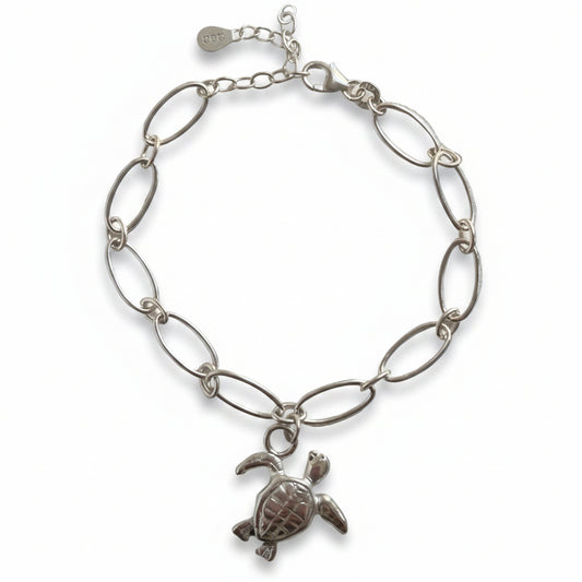 Sea Turtle Bracelet with oval chain on white background