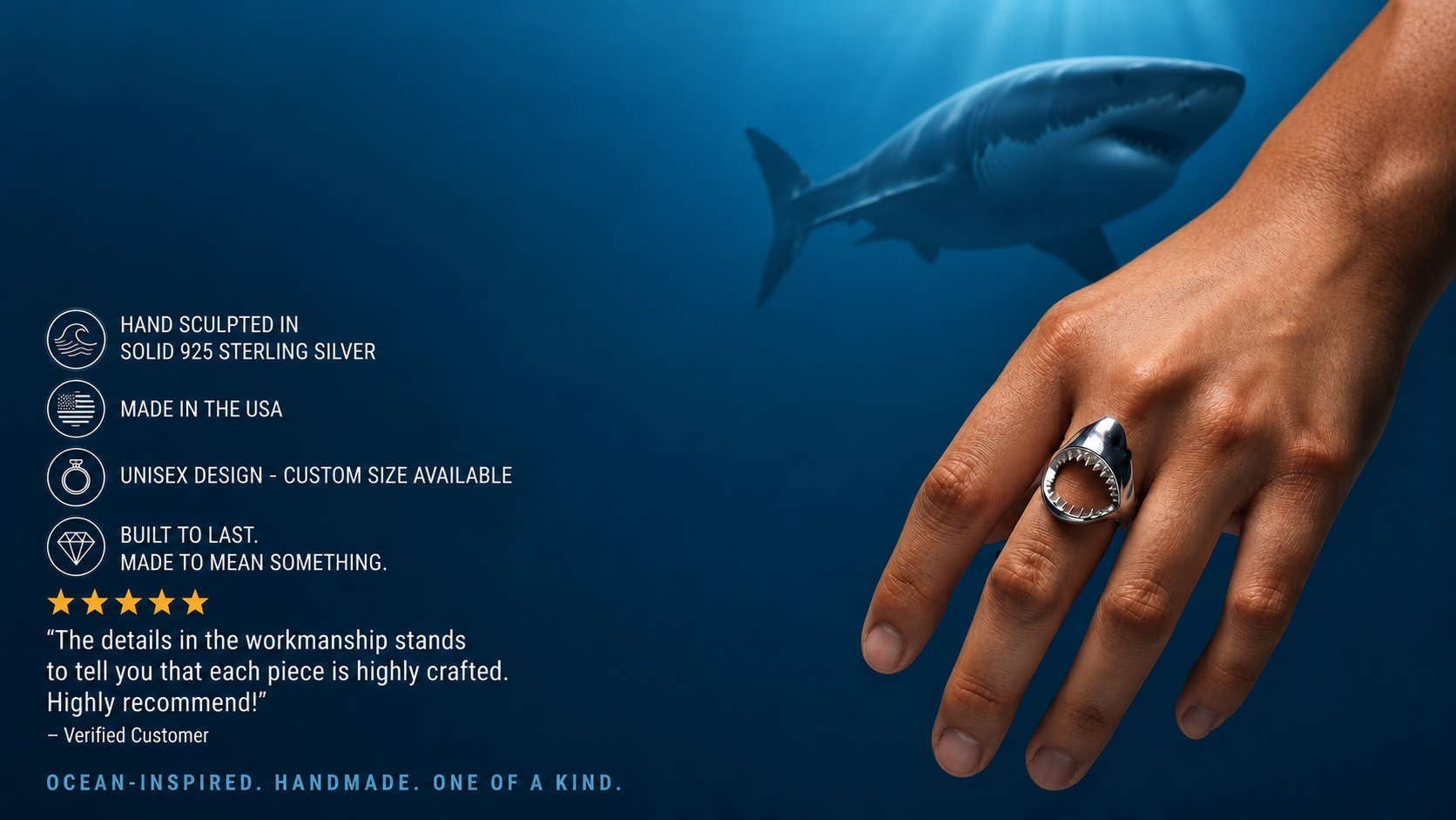 A hand wearing a large silver ring with a shark swimming in the background, set against an ocean-themed blue backdrop with product feature text on the left.