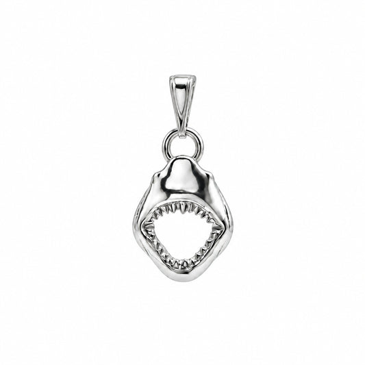 A polished silver pendant shaped like an open shark mouth with visible teeth, shown on a plain white background.