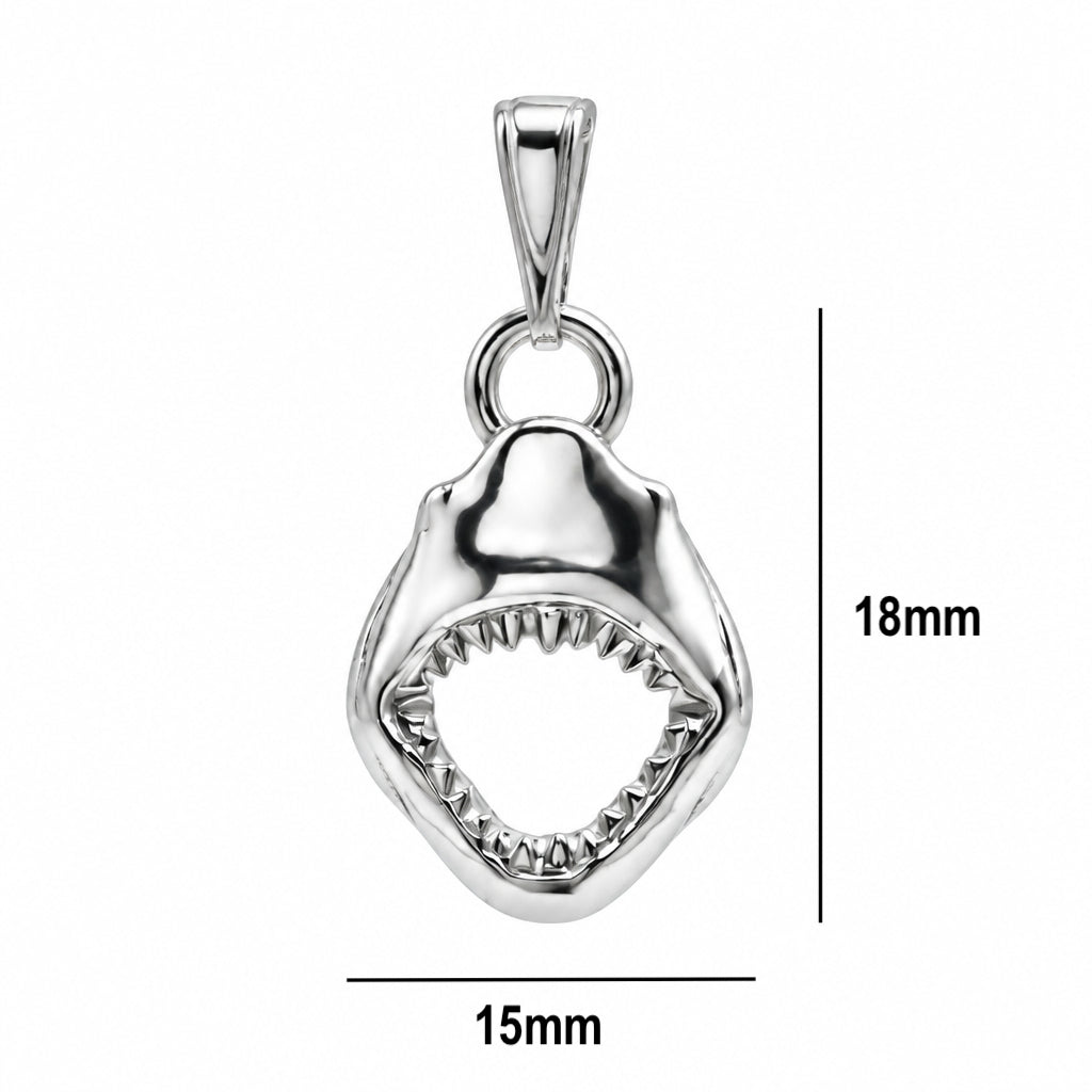 A silver pendant shaped like an open shark mouth, shown on a white background with dimension lines indicating 15mm width and 18mm height.