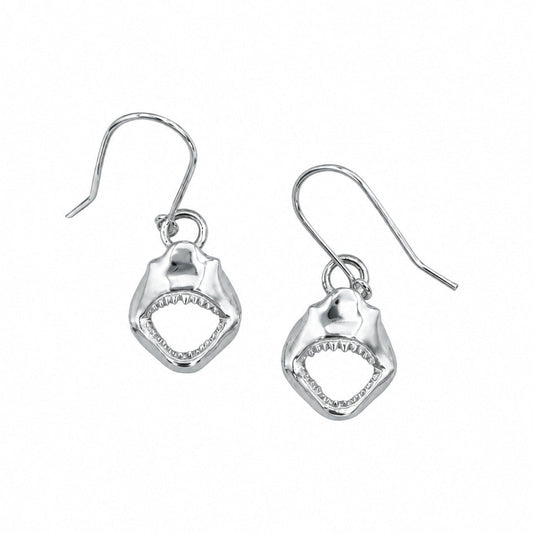 A pair of silver drop earrings featuring textured shark mouth charms with open jaws, shown on a plain white background.
